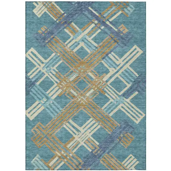 Teal Blue And Beige Geometric Washable Indoor Outdoor Area Rug Photo 1