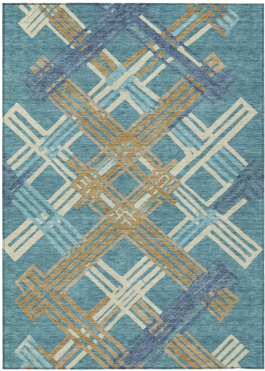 Teal Blue And Beige Geometric Washable Indoor Outdoor Area Rug Photo 1