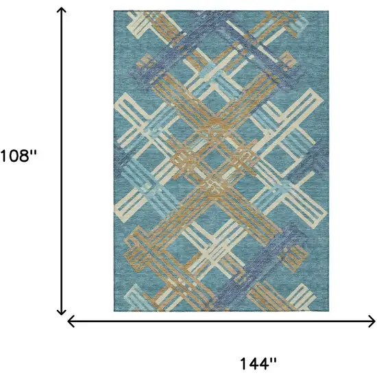 Teal Blue And Beige Geometric Washable Indoor Outdoor Area Rug Photo 9