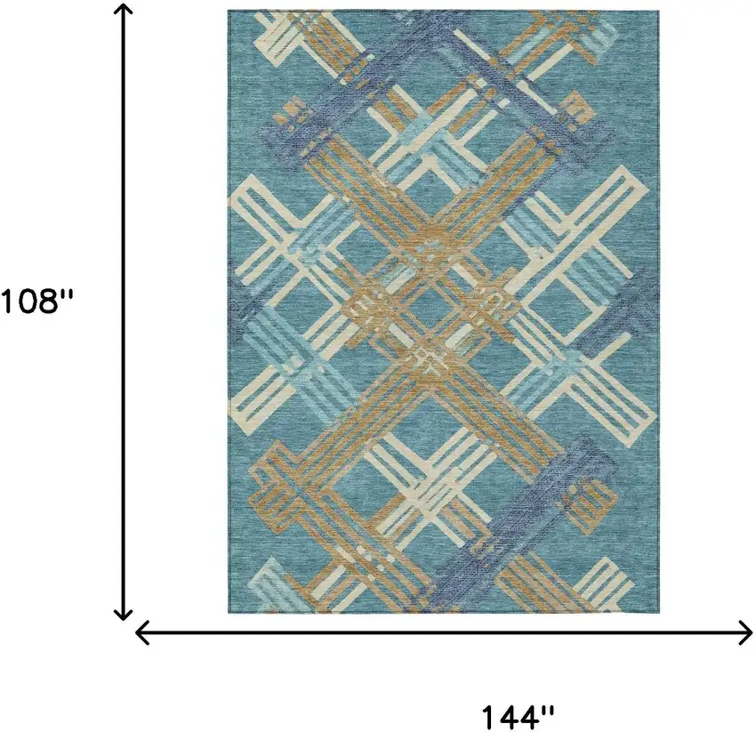 Teal Blue And Beige Geometric Washable Indoor Outdoor Area Rug Photo 9