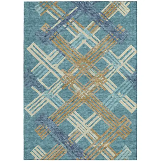 Teal Blue And Beige Geometric Washable Indoor Outdoor Area Rug Photo 2