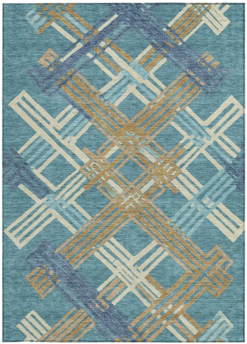 Teal Blue And Beige Geometric Washable Indoor Outdoor Area Rug Photo 2