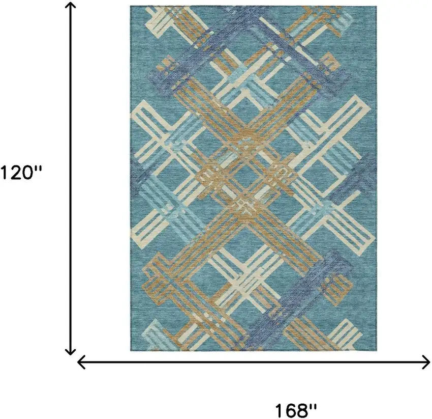 Teal Blue And Beige Geometric Washable Indoor Outdoor Area Rug Photo 6