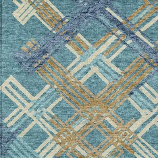 Teal Blue And Beige Geometric Washable Indoor Outdoor Area Rug Photo 2