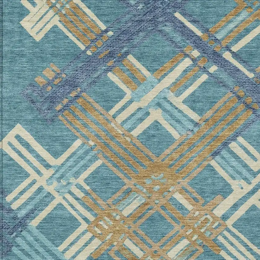 Teal Blue And Beige Geometric Washable Indoor Outdoor Area Rug Photo 2