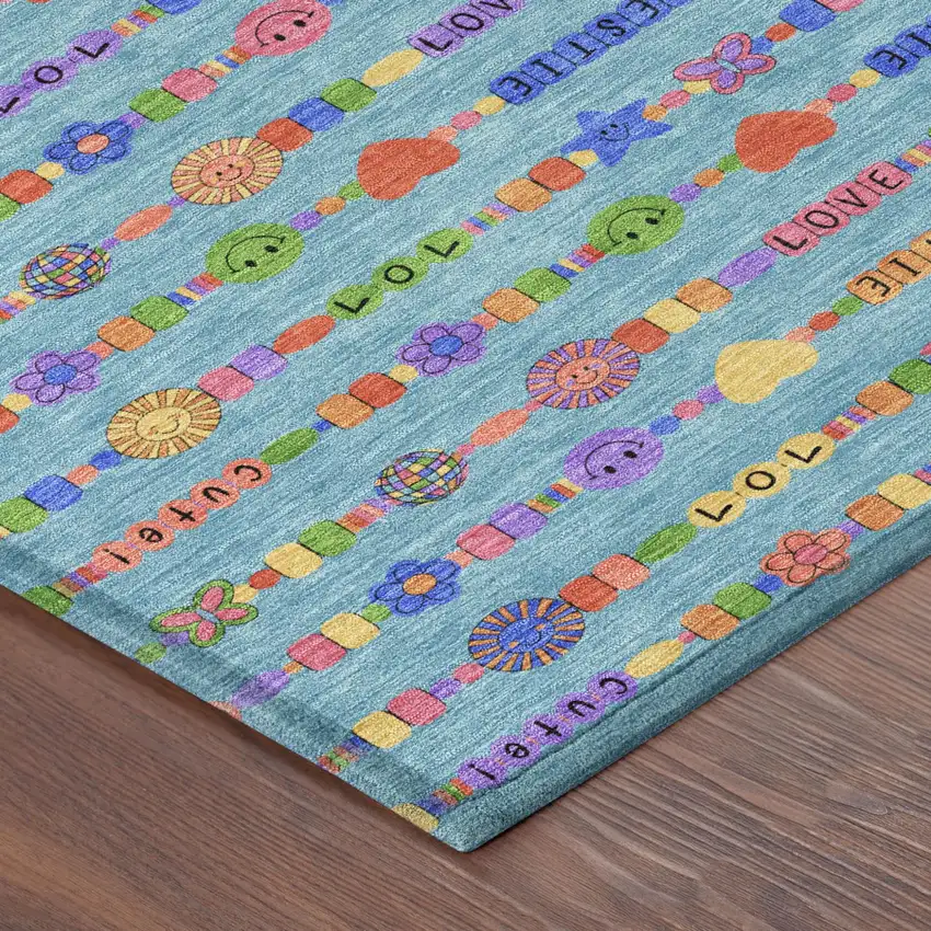 Teal Blue And Beige Geometric Washable Indoor Outdoor Area Rug Photo 7