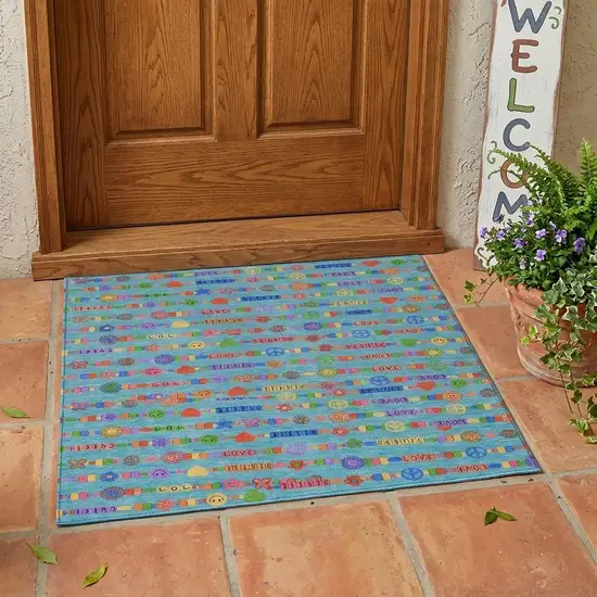 Teal Blue And Beige Geometric Washable Indoor Outdoor Area Rug Photo 1