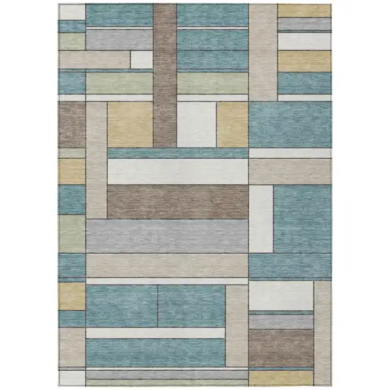 Teal Blue And Beige Geometric Washable Indoor Outdoor Area Rug Photo 2