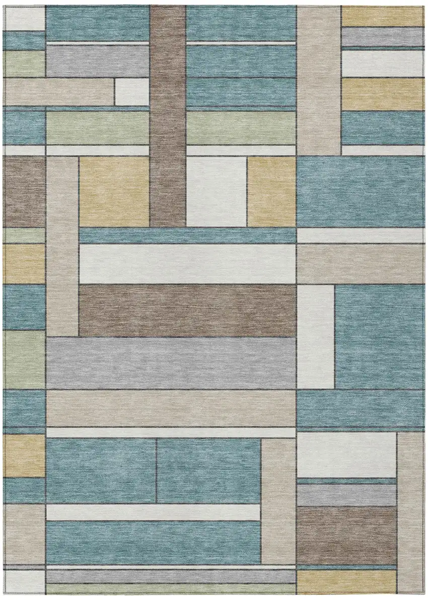 Teal Blue And Beige Geometric Washable Indoor Outdoor Area Rug Photo 2