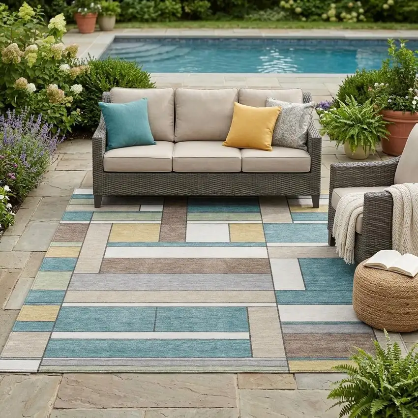 Teal Blue And Beige Geometric Washable Indoor Outdoor Area Rug Photo 1