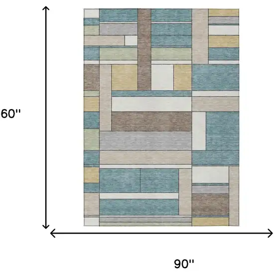 Teal Blue And Beige Geometric Washable Indoor Outdoor Area Rug Photo 5