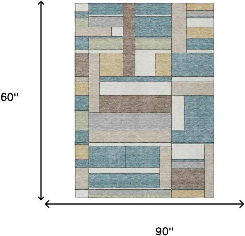 Teal Blue And Beige Geometric Washable Indoor Outdoor Area Rug Photo 5