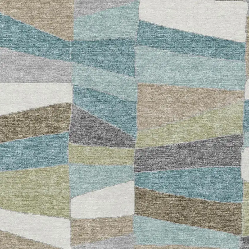 Teal Blue And Beige Geometric Washable Indoor Outdoor Area Rug Photo 4