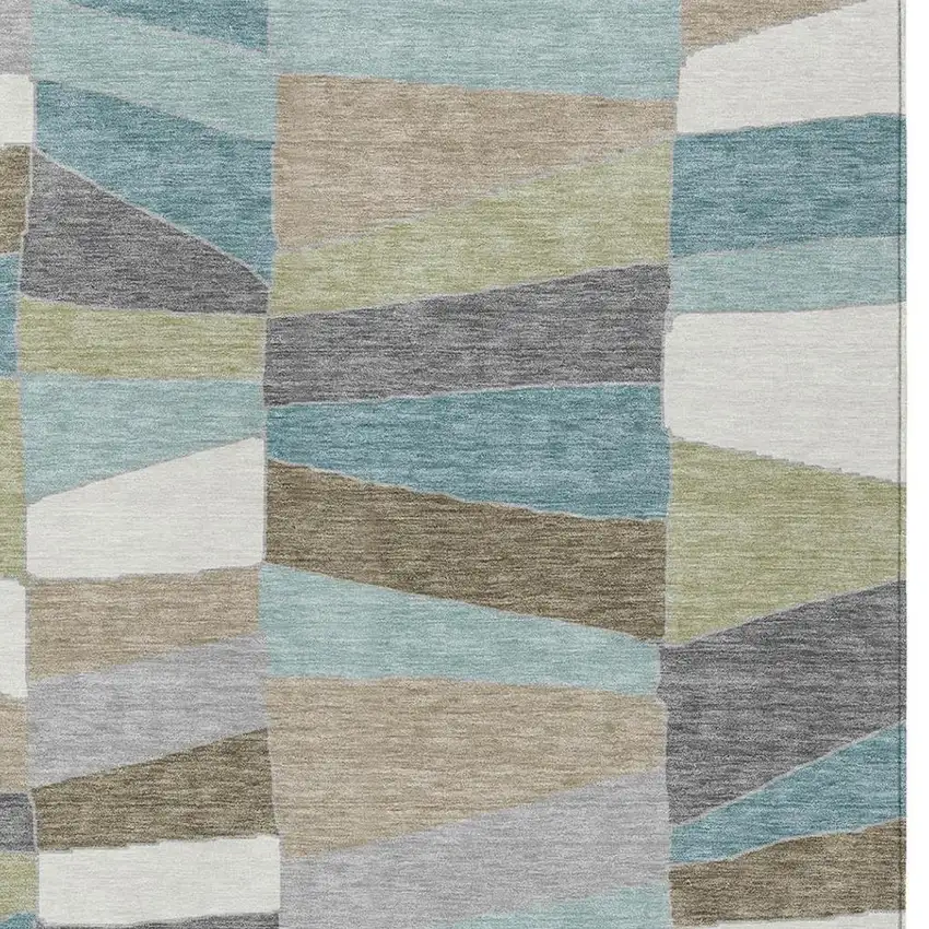 Teal Blue And Beige Geometric Washable Indoor Outdoor Area Rug Photo 7
