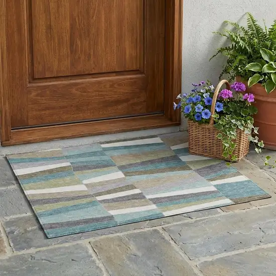 Teal Blue And Beige Geometric Washable Indoor Outdoor Area Rug Photo 1