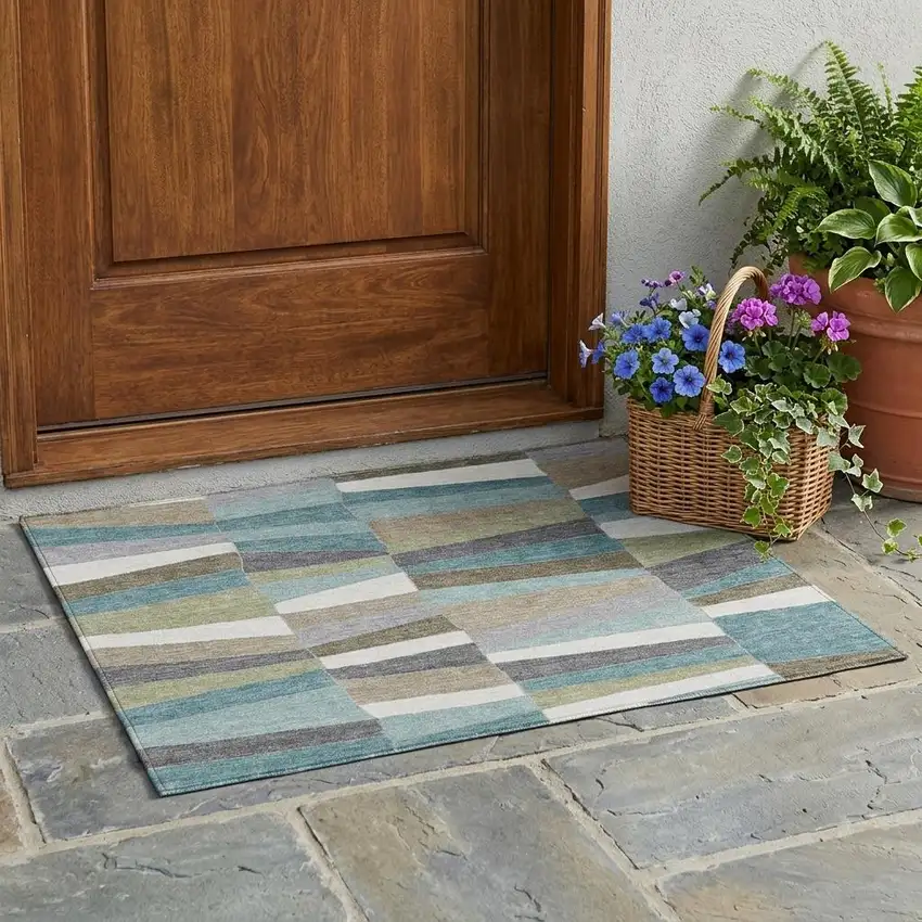 Teal Blue And Beige Geometric Washable Indoor Outdoor Area Rug Photo 1