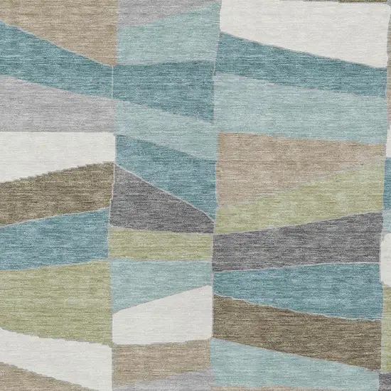 Teal Blue And Beige Geometric Washable Indoor Outdoor Area Rug Photo 8