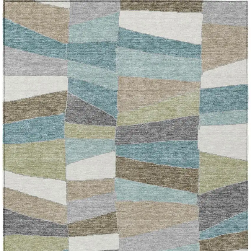 Teal Blue And Beige Geometric Washable Indoor Outdoor Area Rug Photo 6