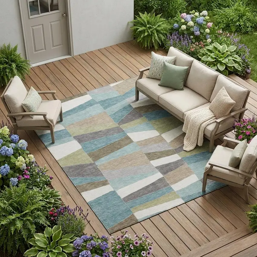 Teal Blue And Beige Geometric Washable Indoor Outdoor Area Rug Photo 1