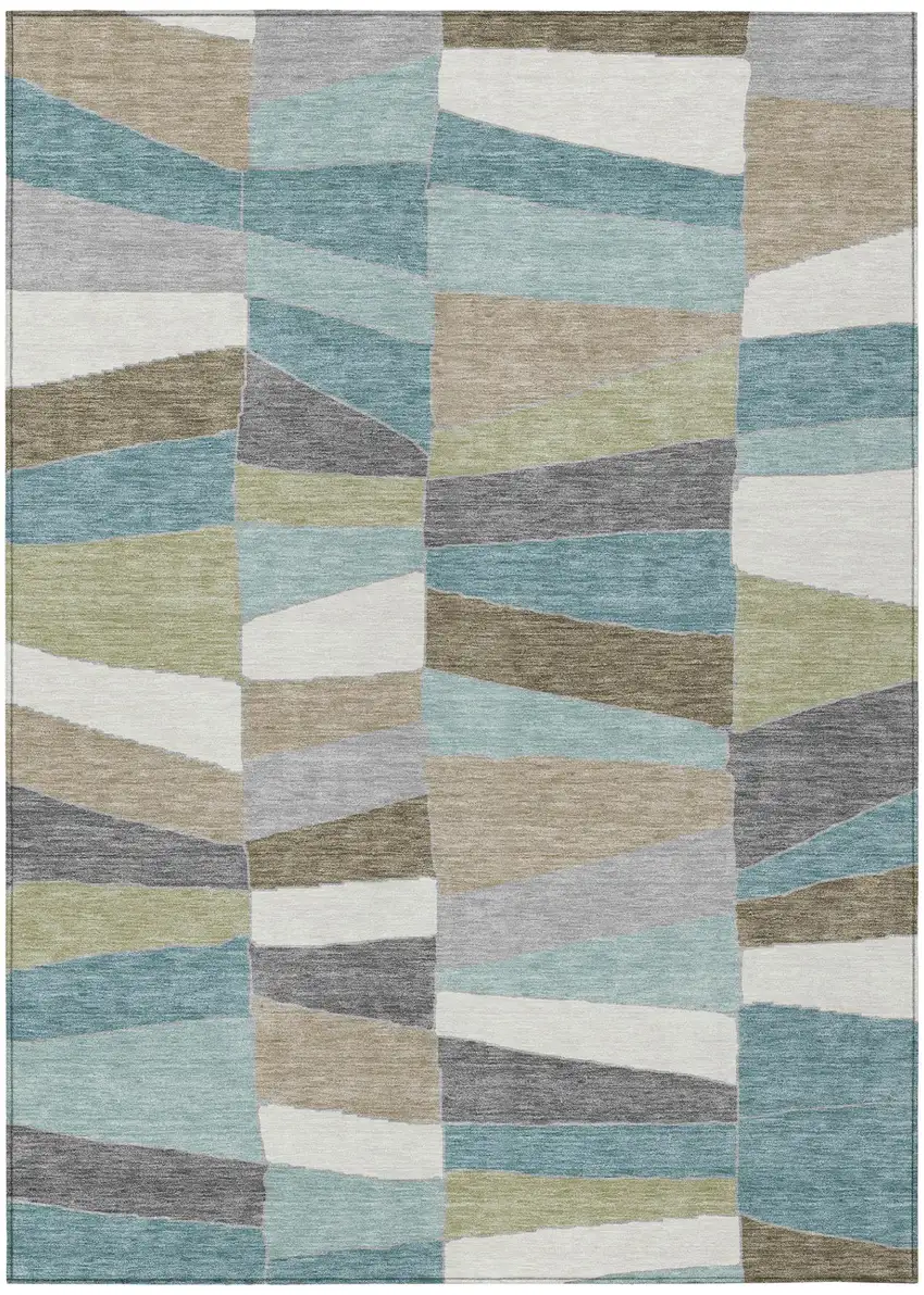 Teal Blue And Beige Geometric Washable Indoor Outdoor Area Rug Photo 3