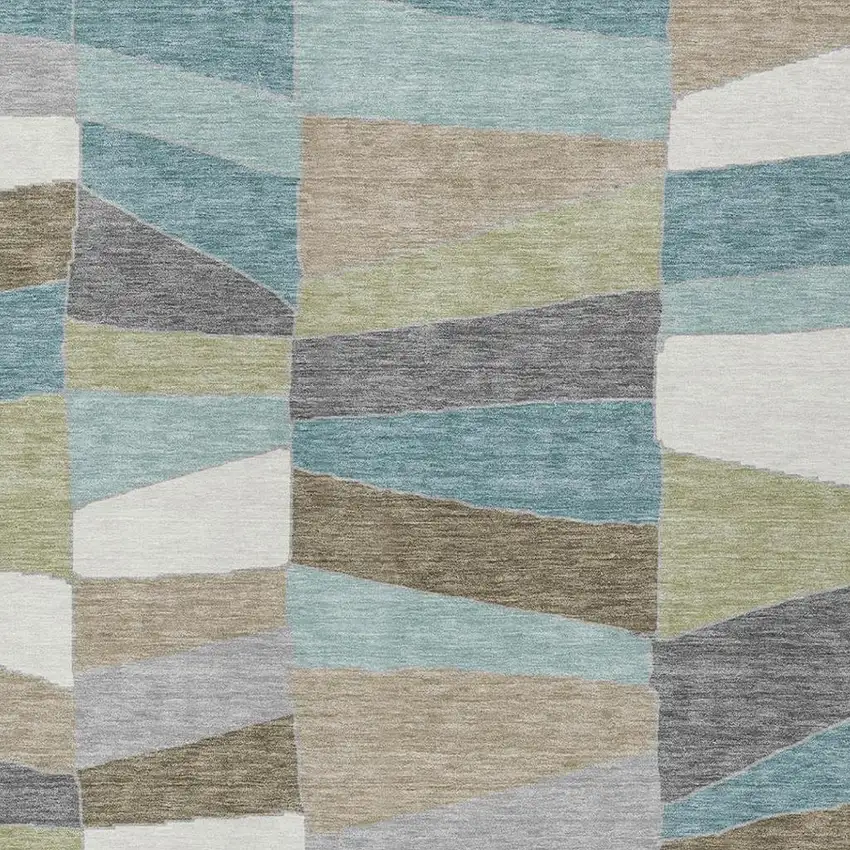 Teal Blue And Beige Geometric Washable Indoor Outdoor Area Rug Photo 2