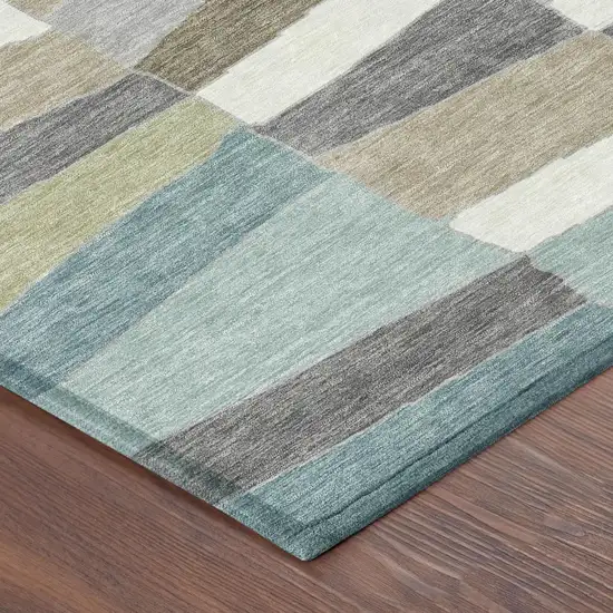 Teal Blue And Beige Geometric Washable Indoor Outdoor Area Rug Photo 5