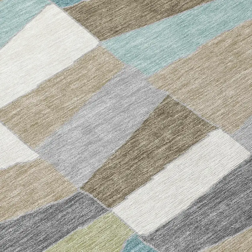 Teal Blue And Beige Geometric Washable Indoor Outdoor Area Rug Photo 6