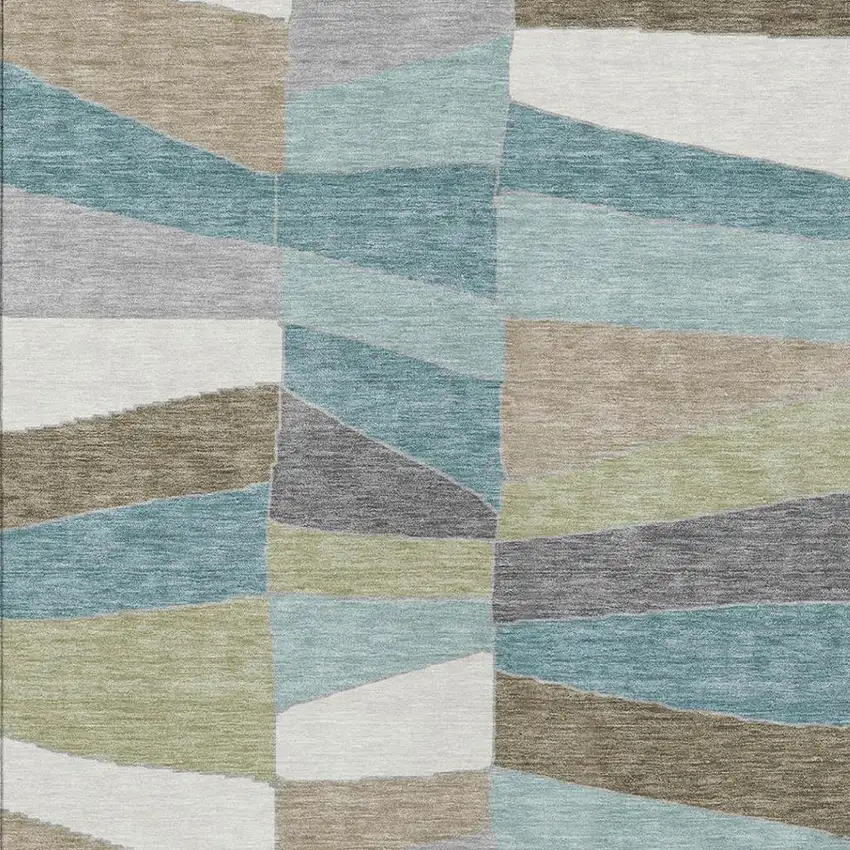 Teal Blue And Beige Geometric Washable Indoor Outdoor Area Rug Photo 3