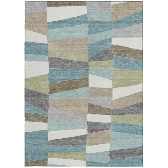 Teal Blue And Beige Geometric Washable Indoor Outdoor Area Rug Photo 2