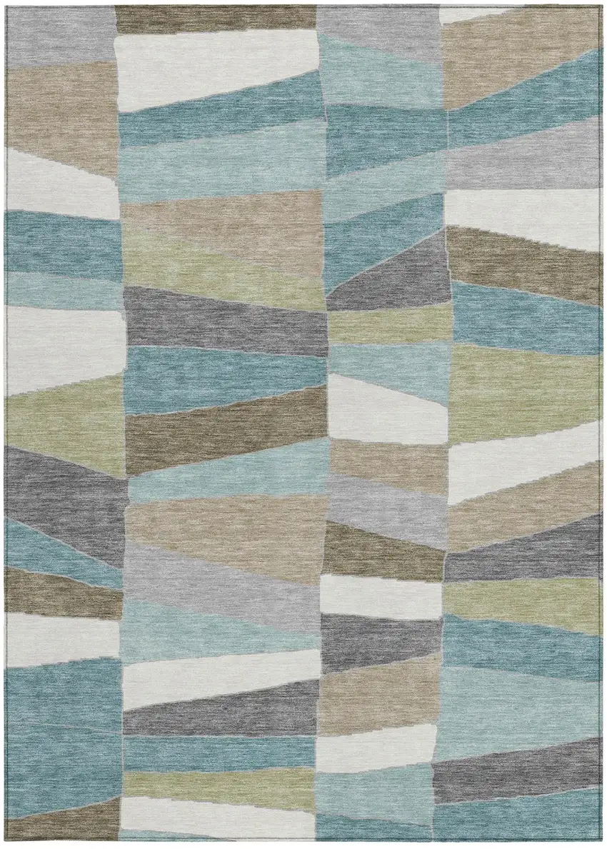 Teal Blue And Beige Geometric Washable Indoor Outdoor Area Rug Photo 2