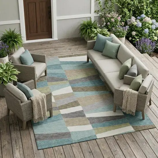 Teal Blue And Beige Geometric Washable Indoor Outdoor Area Rug Photo 1