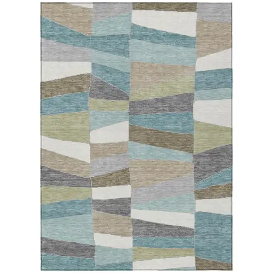 Teal Blue And Beige Geometric Washable Indoor Outdoor Area Rug Photo 4