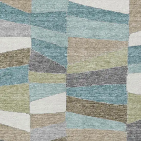 Teal Blue And Beige Geometric Washable Indoor Outdoor Area Rug Photo 9