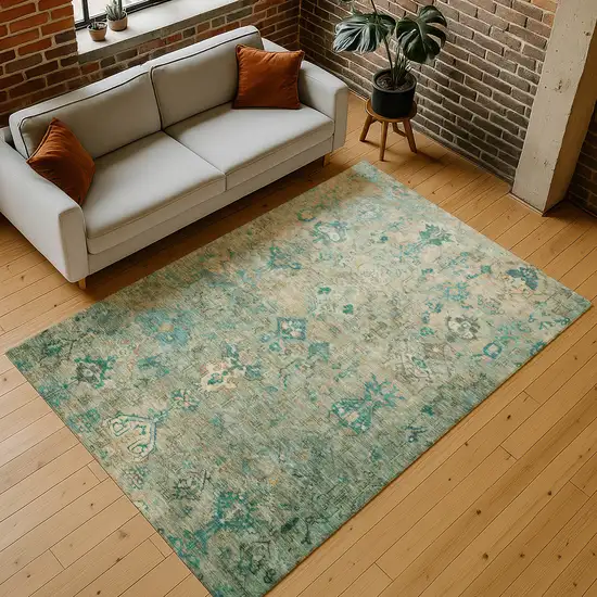 Teal Blue And Beige Medallion Washable Indoor Outdoor Area Rug Photo 9