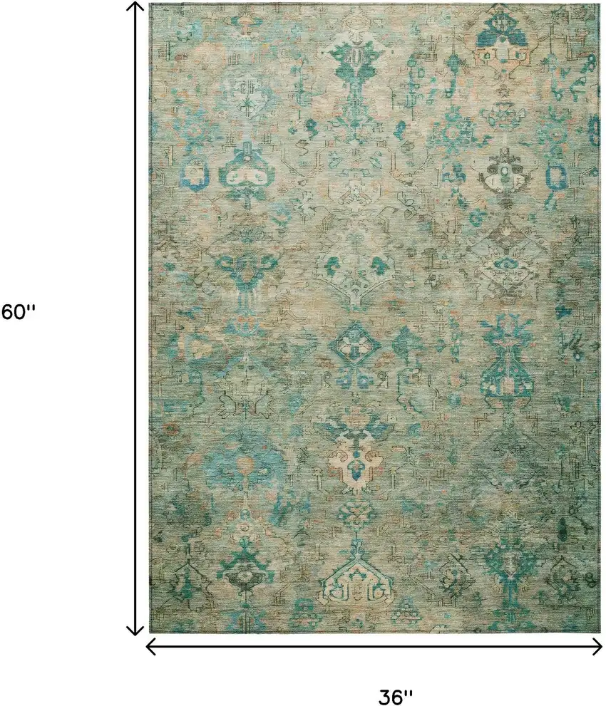 Teal Blue And Beige Medallion Washable Indoor Outdoor Area Rug Photo 3