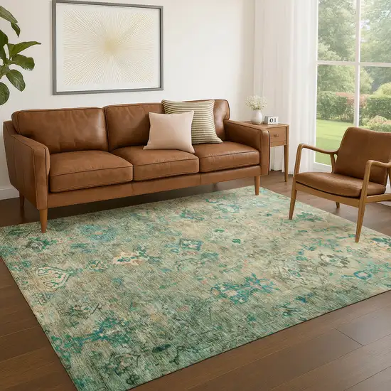 Teal Blue And Beige Medallion Washable Indoor Outdoor Area Rug Photo 9
