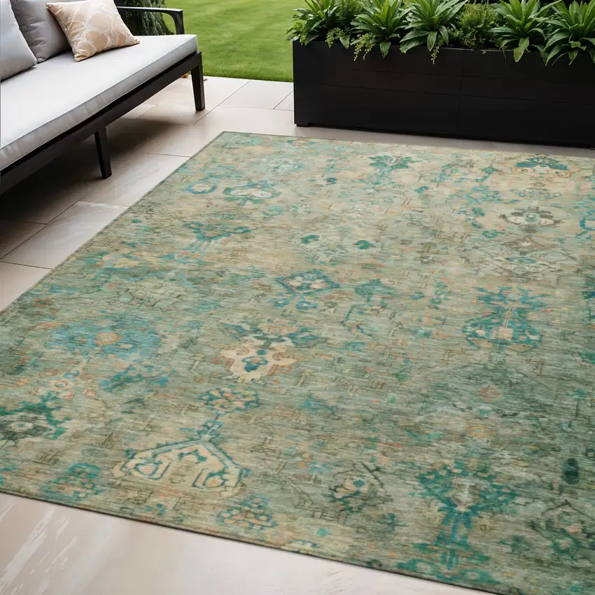 Teal Blue And Beige Medallion Washable Indoor Outdoor Area Rug Photo 1