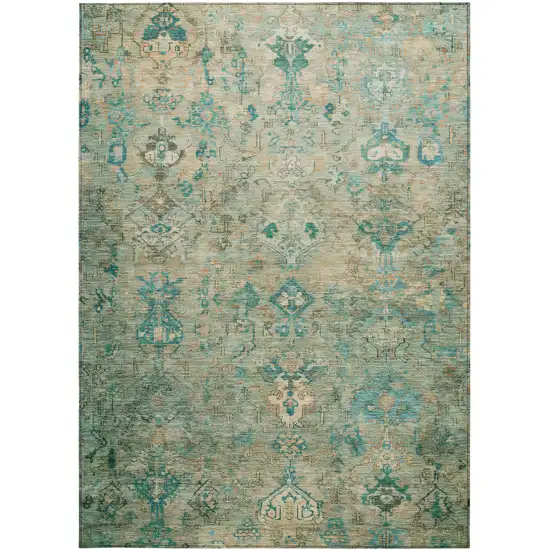 Teal Blue And Beige Medallion Washable Indoor Outdoor Area Rug Photo 4