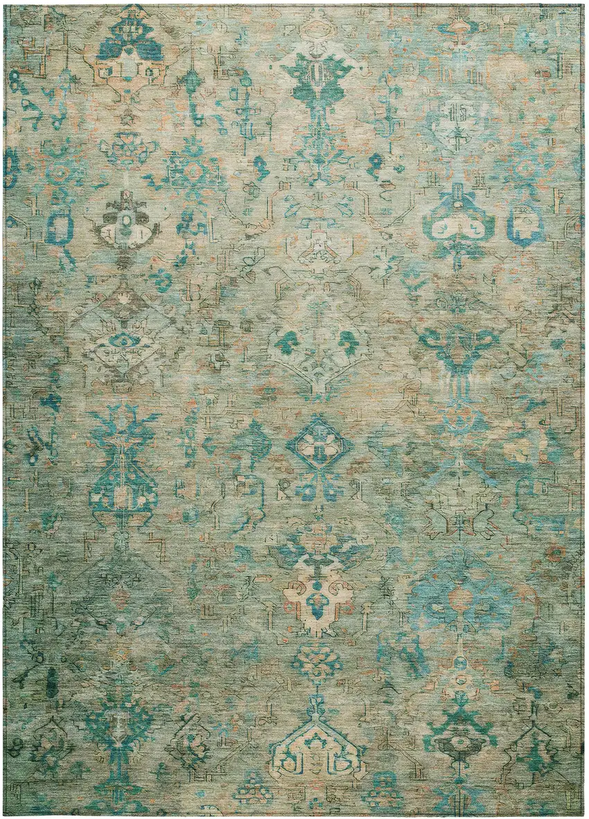 Teal Blue And Beige Medallion Washable Indoor Outdoor Area Rug Photo 4