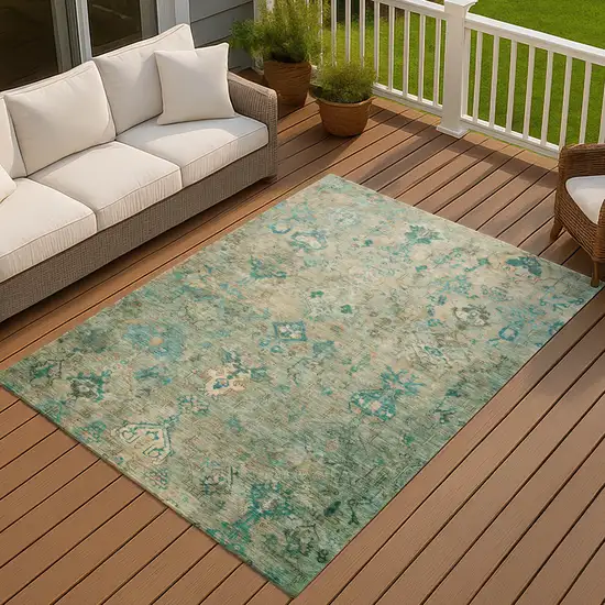 Teal Blue And Beige Medallion Washable Indoor Outdoor Area Rug Photo 8