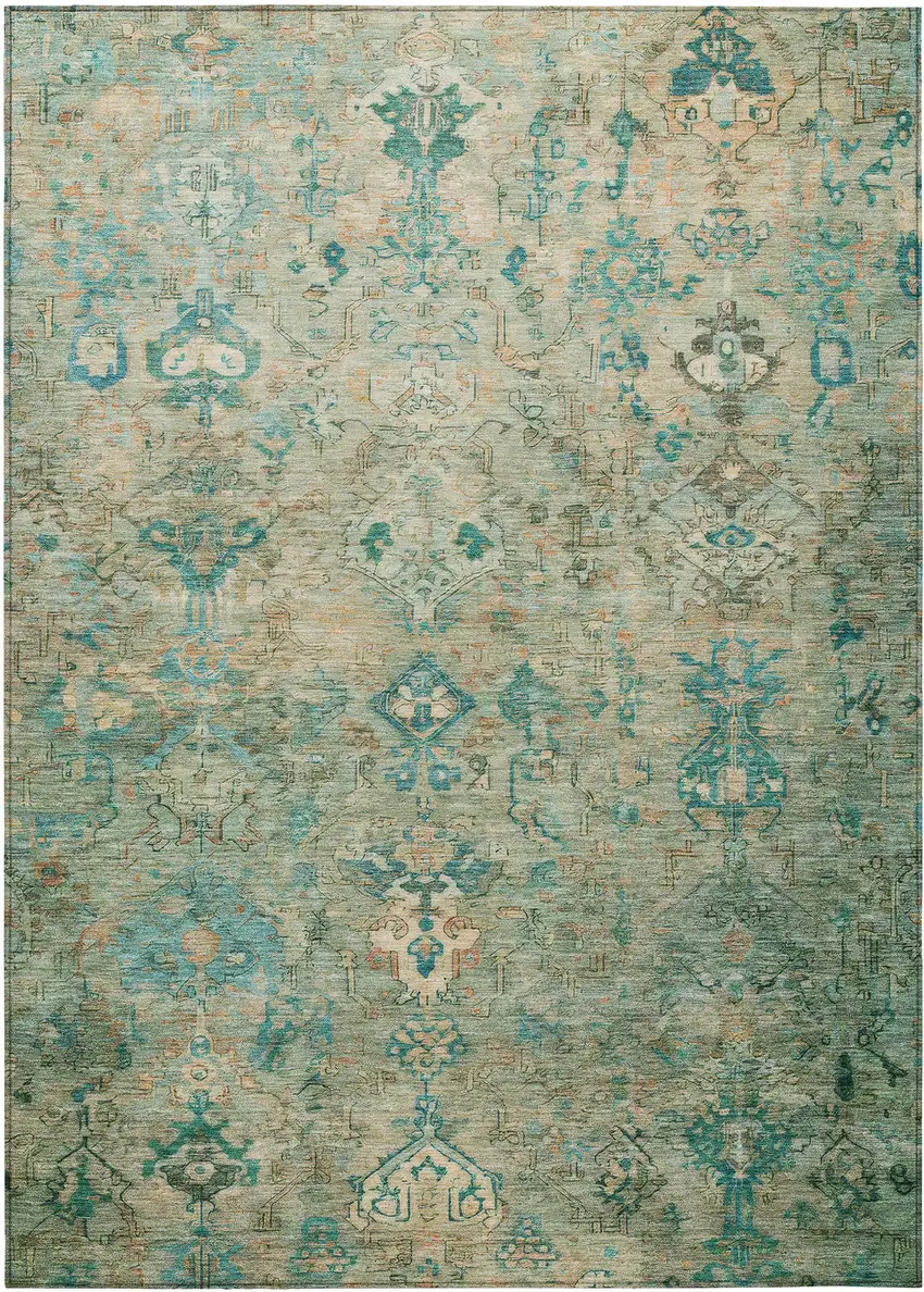Teal Blue And Beige Medallion Washable Indoor Outdoor Area Rug Photo 2