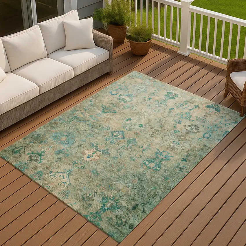 Teal Blue And Beige Medallion Washable Indoor Outdoor Area Rug Photo 7