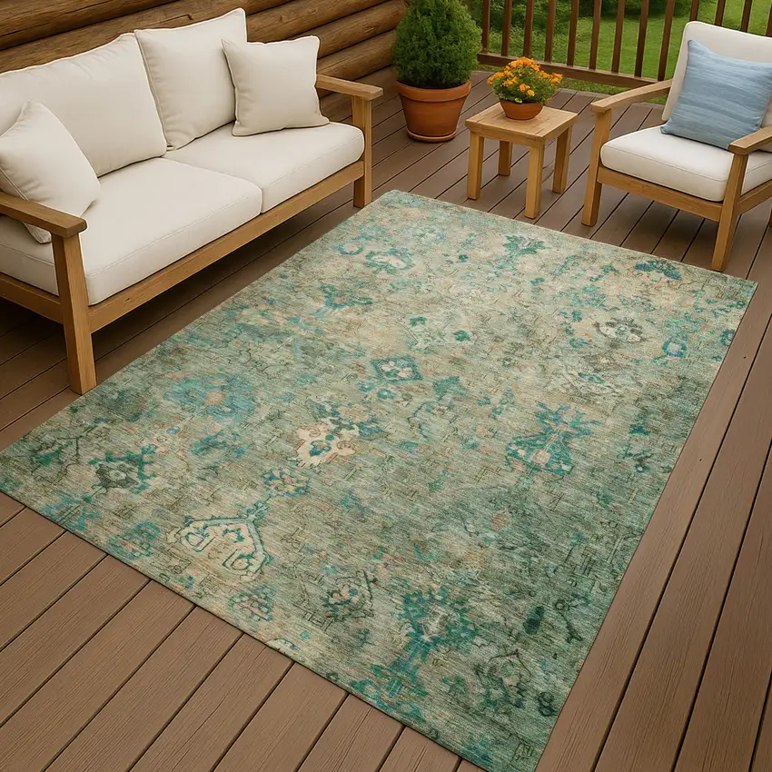 Teal Blue And Beige Medallion Washable Indoor Outdoor Area Rug Photo 9