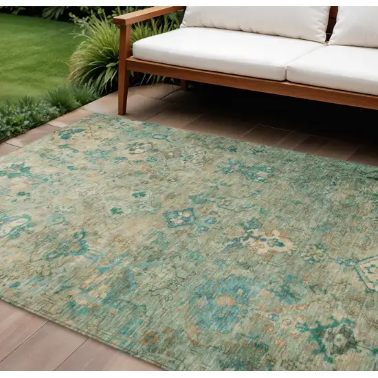 Teal Blue And Beige Medallion Washable Indoor Outdoor Area Rug Photo 1