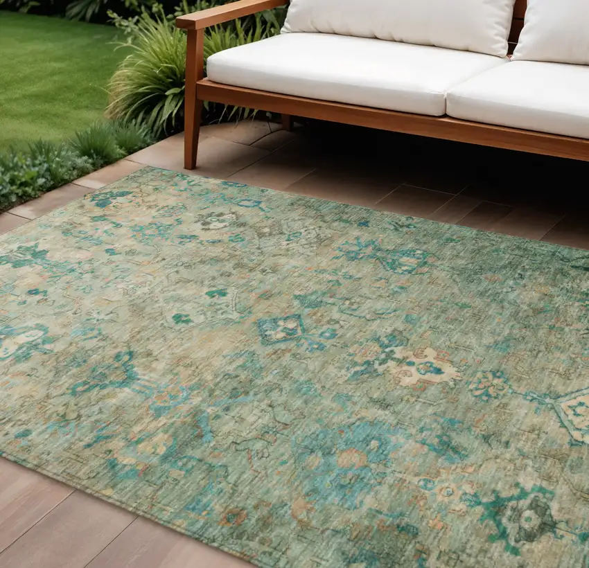 Teal Blue And Beige Medallion Washable Indoor Outdoor Area Rug Photo 1