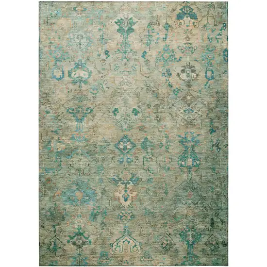 Teal Blue And Beige Medallion Washable Indoor Outdoor Area Rug Photo 2