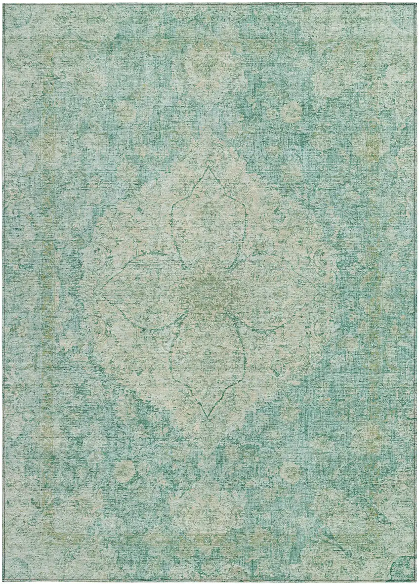 Teal Blue And Beige Oriental Washable Indoor Outdoor Area Rug Photo 3