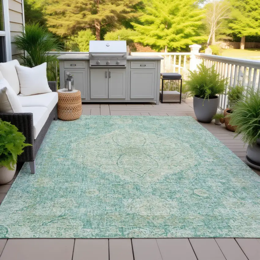 Teal Blue And Beige Oriental Washable Indoor Outdoor Area Rug Photo 6