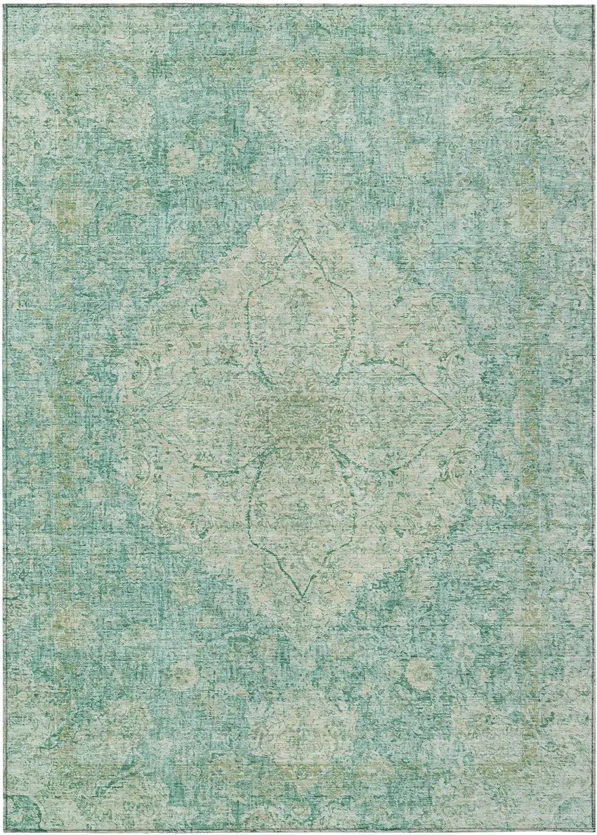 Teal Blue And Beige Oriental Washable Indoor Outdoor Area Rug Photo 1