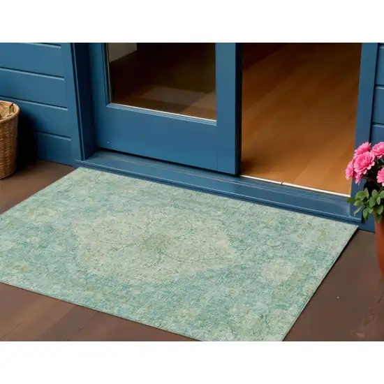 Teal Blue And Beige Oriental Washable Indoor Outdoor Area Rug Photo 2